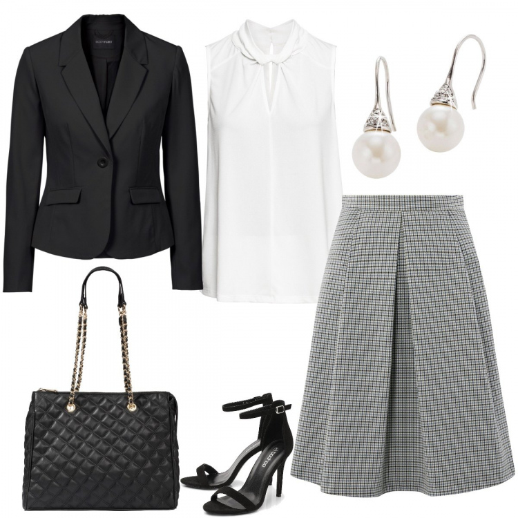 Outfit donna - Monday reunion. Stile Bon Ton per Ufficio. Abbinamento con blazer, top, shopping bag, orecchini, scarpe col tacco, gonne longuette.