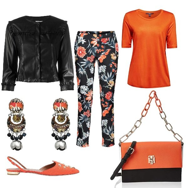 Outfit donna - Arancio e nero. Stile Trendy per Tutti i giorni. Abbinamento con pantaloni, orecchini, ballerine, blazer, t-shirt, clutch.