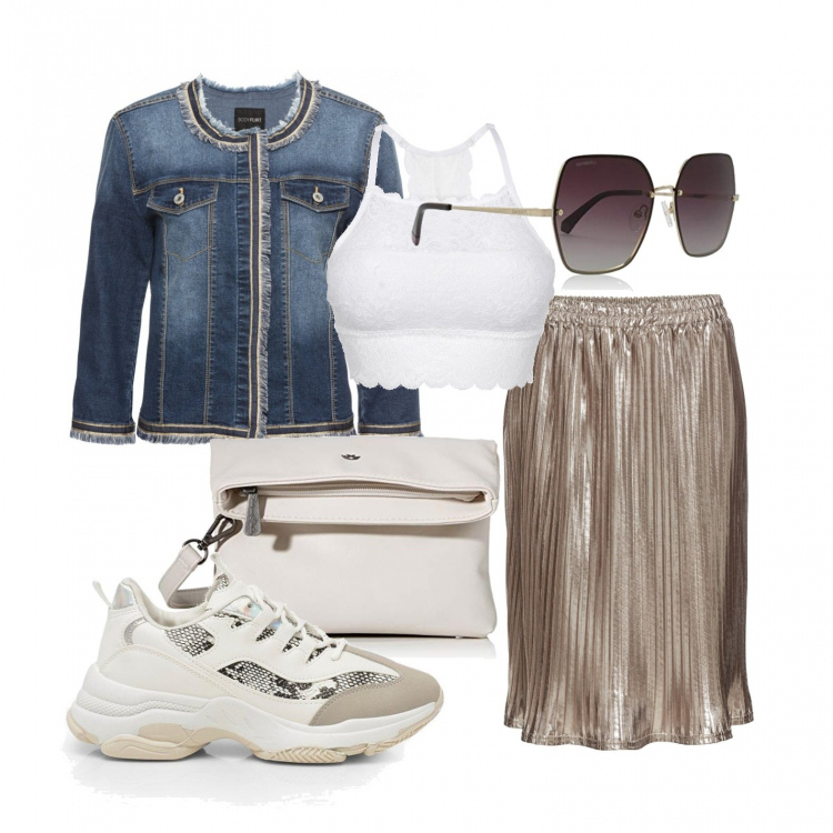 Outfit donna - La gonna dorata. Stile Trendy per Tutti i giorni. Abbinamento con blazer, reggiseni, gonne, sneakers, occhiali da sole, pochette.