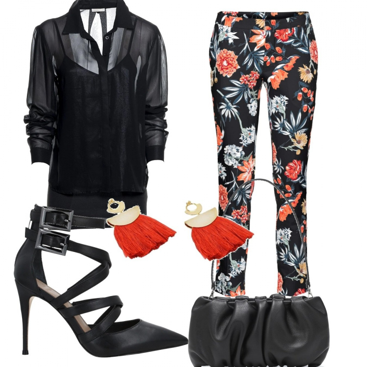 Outfit donna - Trendy #59462. Stile Trendy per Serata fuori. Abbinamento con pantaloni, décolleté, orecchini, camicie, borse a spalla.