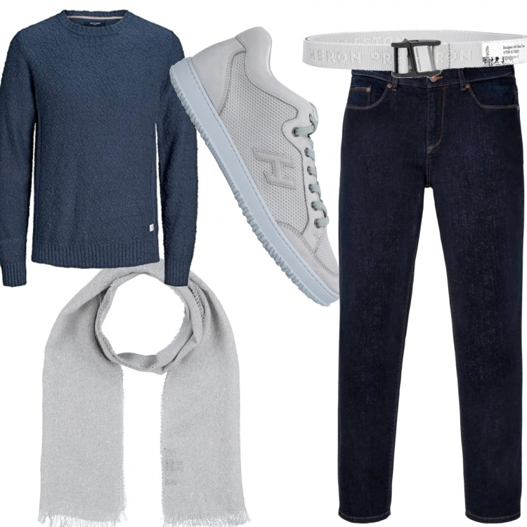 Outfit uomo - Ufficio casual. Stile Casual per Ufficio. Abbinamento con jeans dritti, sneakers, sciarpe, cinture, pullovers.