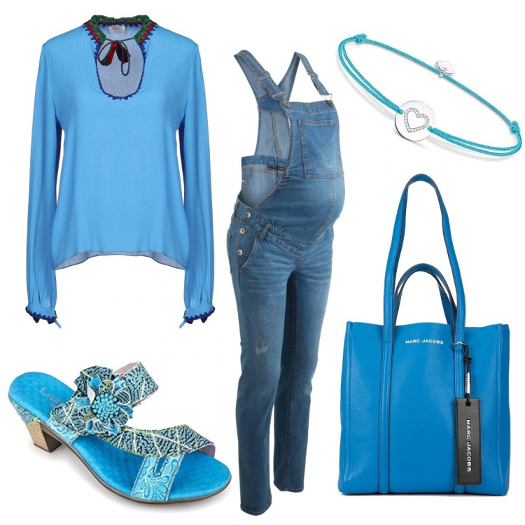 Outfit donna - Auguri! Sarà un maschietto. Stile Trendy per Tutti i giorni. look ideale per Premaman. Abbinamento con salopette, bluse, borse tote, sabot, braccialetti.