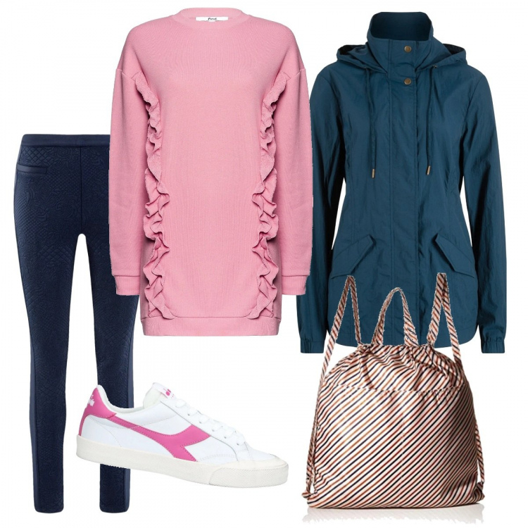 Outfit donna - Look sportivo. Stile Basic per Scuola/Università. Abbinamento con blazer, sneakers, felpe, leggings, zaini.