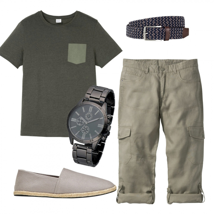 Outfit uomo - Total look bon prix. Stile Casual per Tutti i giorni. Abbinamento con t-shirt, pantalone cargo grigio, cinture, espadrillas, bikini.