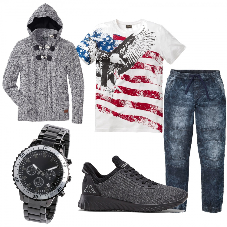 Outfit uomo - Casual #18774. Stile Casual per Tutti i giorni. Abbinamento con maglieria, sneakers, jeans slim fit, t-shirt, orologi.