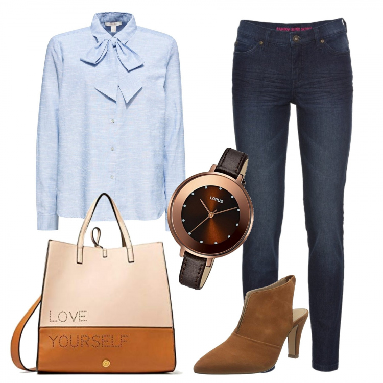 Outfit donna - Pronta per la riunione. Stile Trendy per Ufficio. Abbinamento con jeans skinny, borse a mano, scarpe col tacco, camicie, orologi analogici.