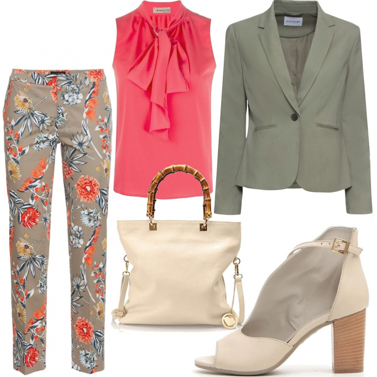 Outfit donna - Riunione a scuola. Stile Bon Ton per Ufficio. Abbinamento con blazer, pantaloni, bluse, sandali col tacco, borse a mano.