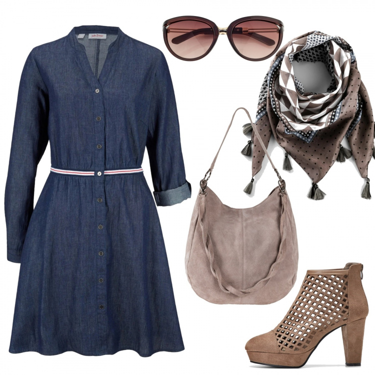 Outfit donna - Trendy jeans dress (total bon prix). Stile Trendy per Tutti i giorni. Abbinamento con borse a mano, occhiali da sole, vestiti, stivaletti, foulard.
