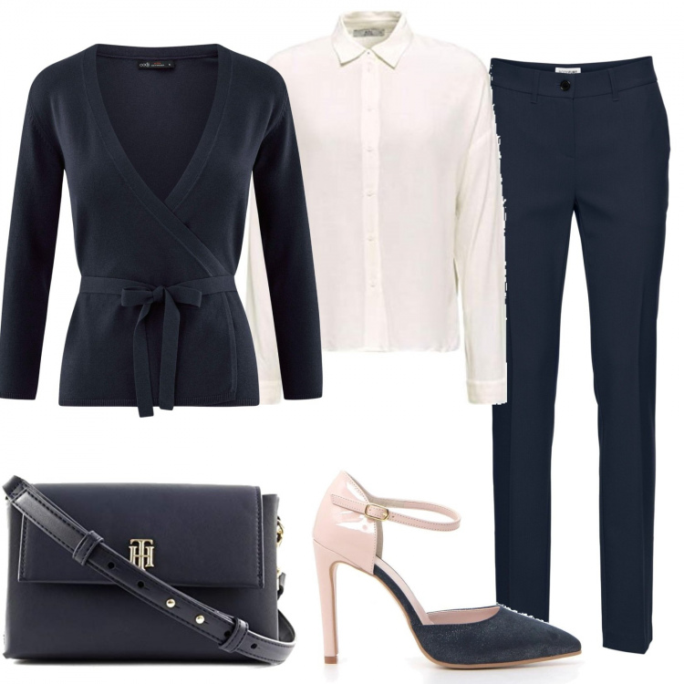 Outfit donna - Classica. Stile Chic per Ufficio. Abbinamento con pantaloni, cardigans, décolleté, camicie, borse a tracolla.