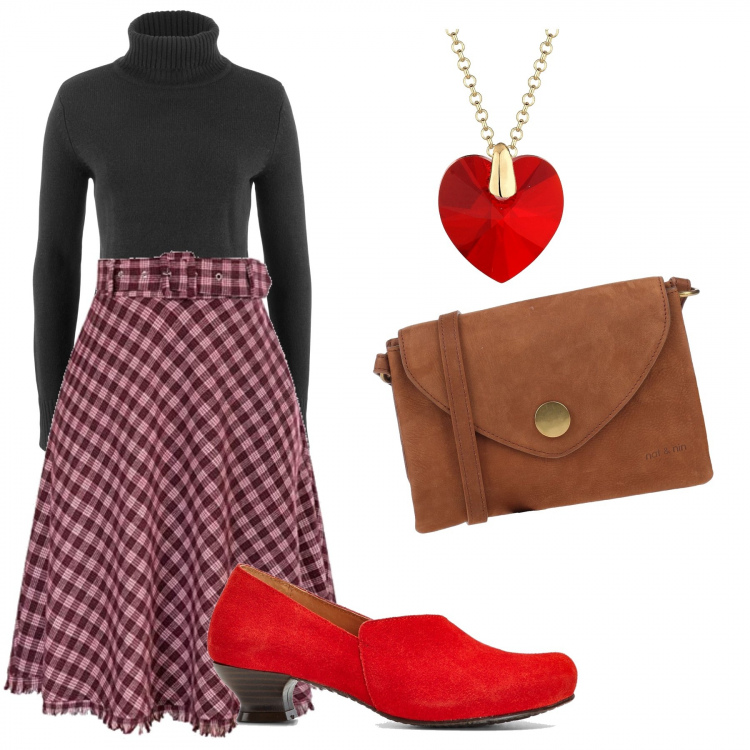 Outfit donna - Bon Ton #25218. Stile Bon Ton per Tutti i giorni. Abbinamento con maglieria, mocassini, borse a spalla, gonne lunghe, ciondoli.