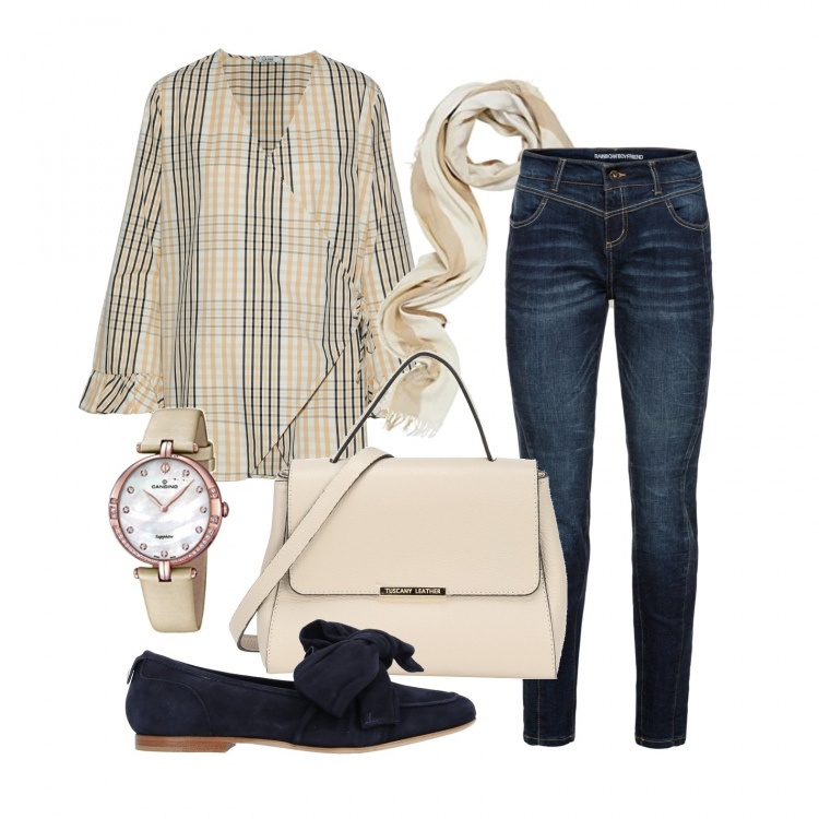 Outfit donna - Una giornata tranquilla. Stile Trendy per Tutti i giorni. Abbinamento con jeans boyfriend, bluse, ballerine, borse a mano, sciarpe, orologi.