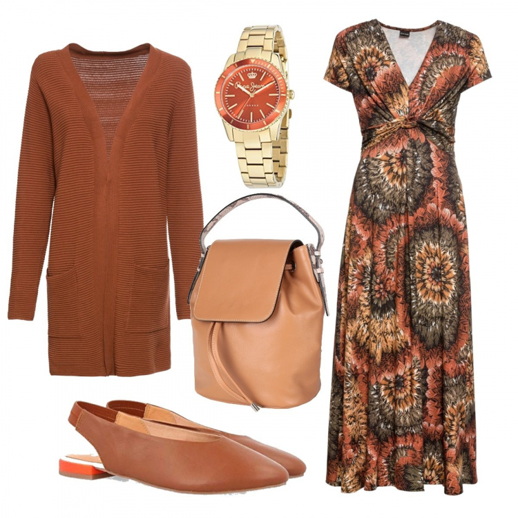 Outfit donna - Perfetta con un cardigan. Stile Bon Ton per Ufficio. Abbinamento con vestiti lunghi, cardigans, zaini, ballerine, orologi.