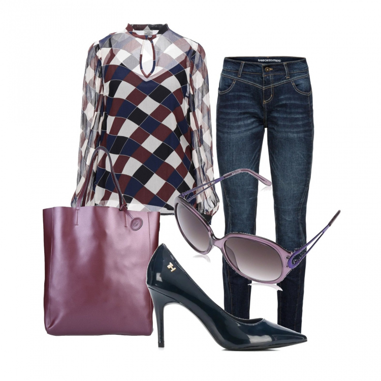 Outfit donna - Viola e blu. Stile Trendy per Tutti i giorni. Abbinamento con jeans boyfriend, bluse, borse a mano, décolleté, occhiali da sole.