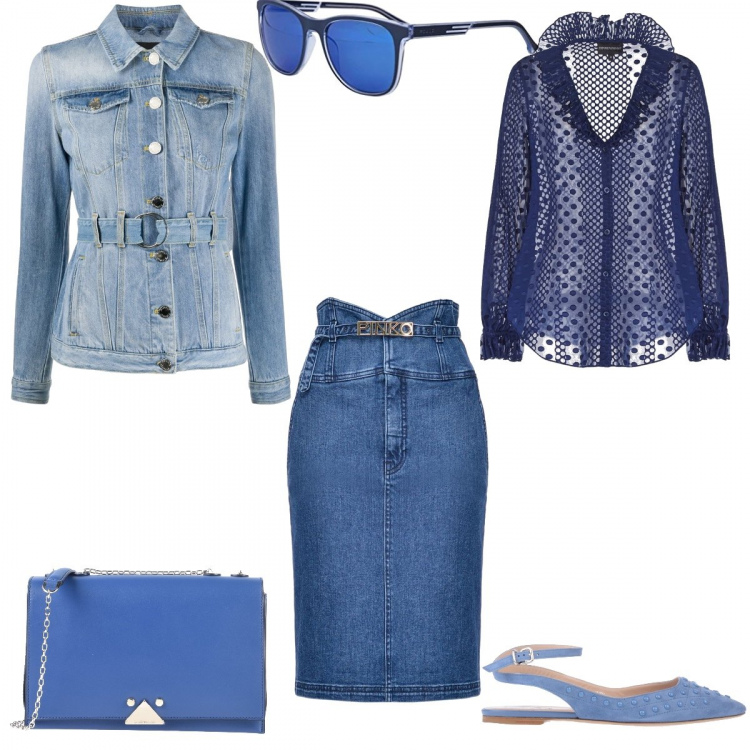 Outfit donna - Il Denim da Ufficio. Stile Urban per Ufficio. Abbinamento con ballerine, borse a tracolla, gonne, blazer, camicie, occhiali da sole.