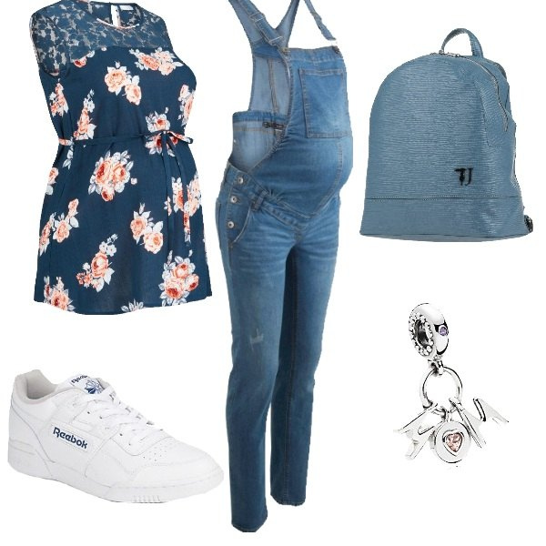 Outfit donna - Pregnant 4 months. Stile Basic per Tutti i giorni. look ideale per Premaman. Abbinamento con salopette, bluse, zaini, sneakers, ciondoli.