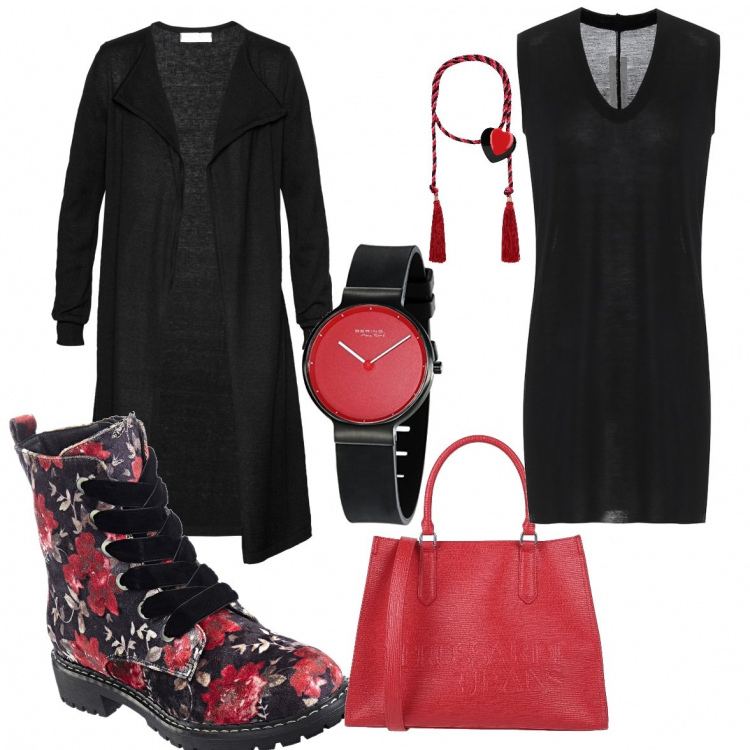 Outfit donna - Very easy. Stile Urban per Tutti i giorni. Abbinamento con borse a mano, collane, cardigans, vestiti, vestiti corti, orologi.