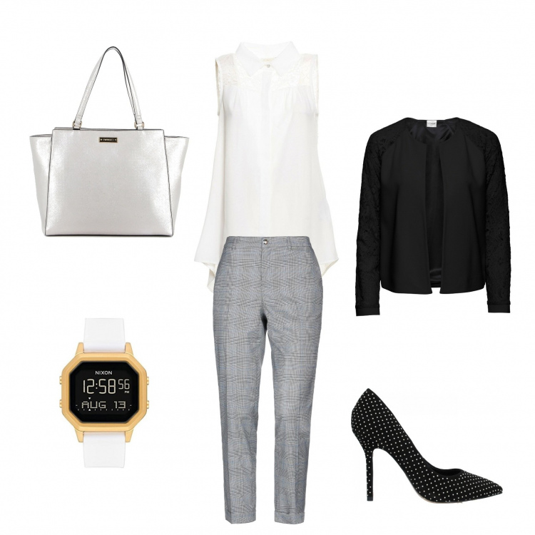 Outfit donna - Look da ufficio. Stile Chic per Ufficio. Abbinamento con blazer, pantaloni, décolleté, bluse, shopping bag, orologi digitali.