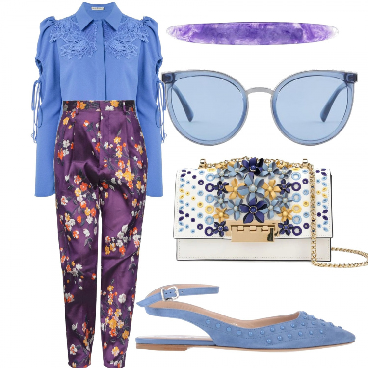 Outfit donna - Work color. Stile Trendy per Ufficio. Abbinamento con ballerine, pantaloni, camicie, borse a spalla, accessori per capelli, occhiali da sole.