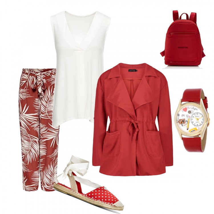 Outfit donna - Una domenica in gita. Abbinamento con top, espadrillas, blazer, pantaloni capri, orologi, borse a tracolla.