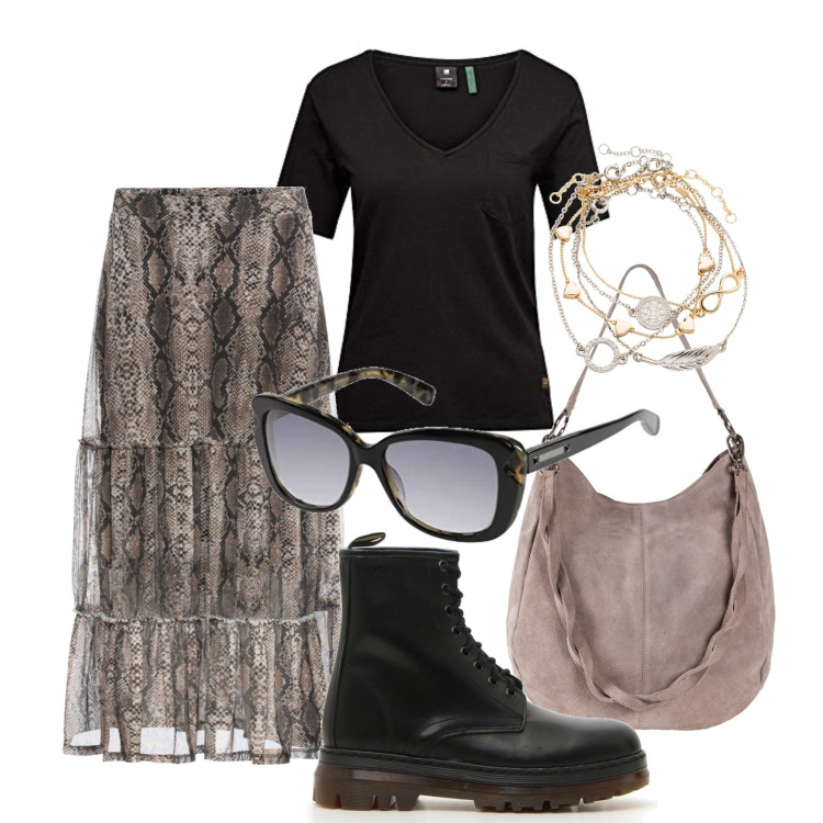 Outfit donna - La gonna pitonata. Stile Trendy per Tutti i giorni. Abbinamento con borse a mano, braccialetti con ciondoli, gonne, stivaletti, camicie a manica corta, occhiali da sole.