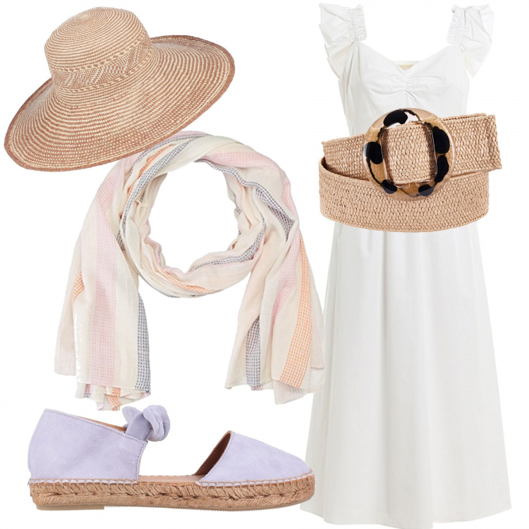 Outfit donna - Un giorno in campagna. Stile Etnico per Tutti i giorni. Abbinamento con cinture, cappelli, espadrillas, vestiti midi/longuette, scialli.