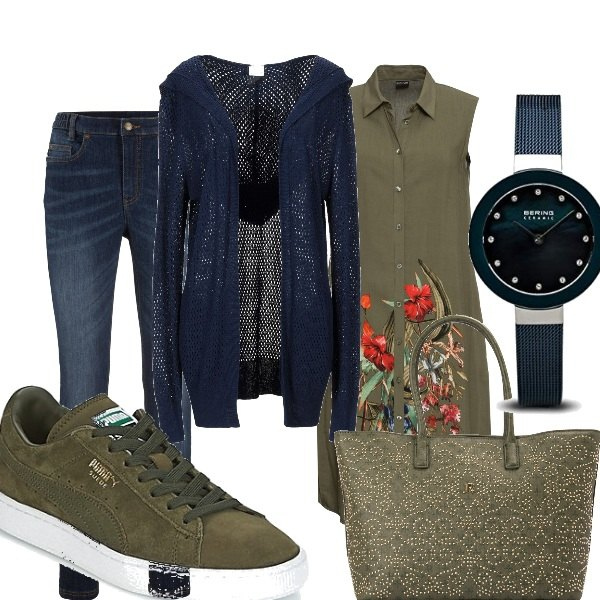 Outfit donna - Trendy #60184. Stile Trendy per Tutti i giorni. Abbinamento con jeans skinny, camicie, cardigans, sneakers, borse tote, orologi.