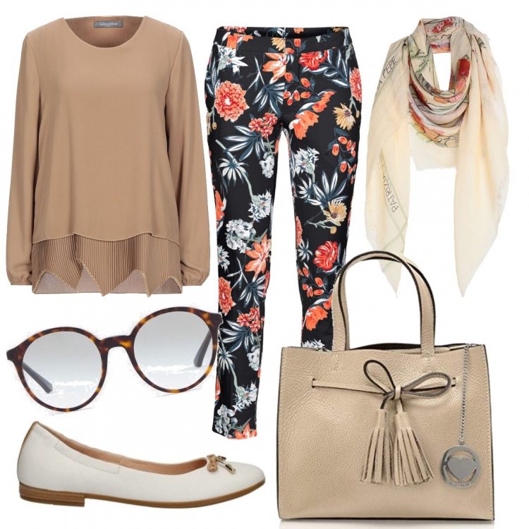 Outfit donna - Ufficio comfort. Stile Basic per Ufficio. Abbinamento con pantaloni, bluse, foulard, ballerine, borse a mano, occhiali da sole.