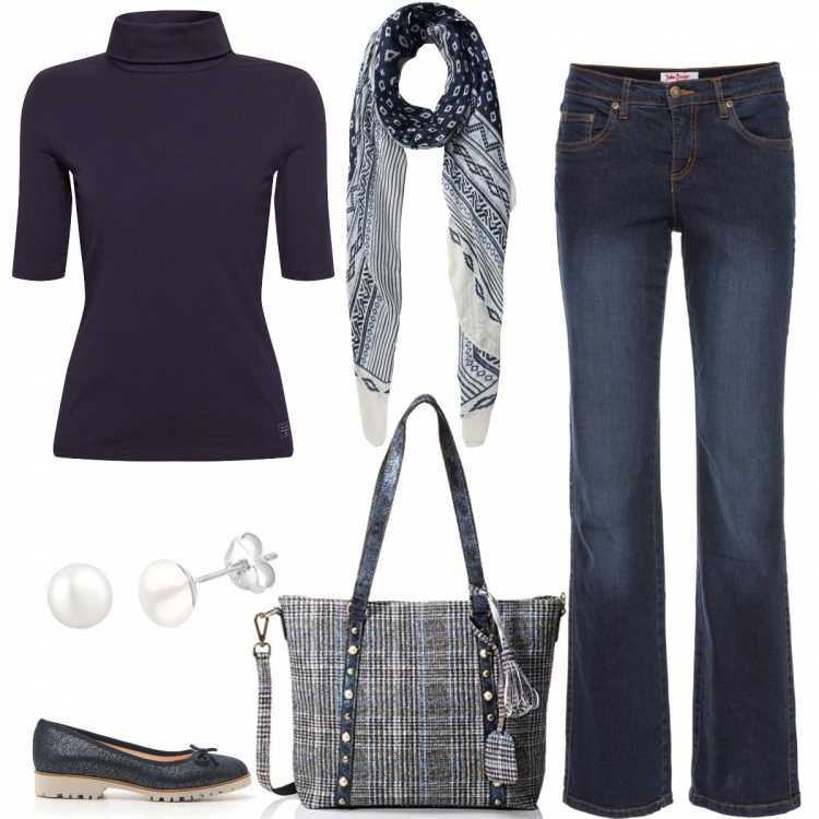 Outfit donna - Total blu. Stile Basic per Tutti i giorni. Abbinamento con jeans dritti, sciarpe, ballerine, pullovers, borse tote, orecchini.