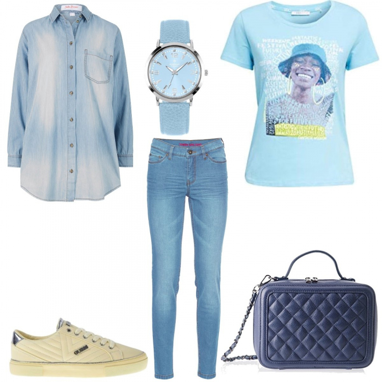 Outfit donna - #Mi vesto bene con poco. Stile Basic per Scuola/Università. Abbinamento con jeans skinny, camicie, sneakers, borse a spalla, t-shirt, orologi.