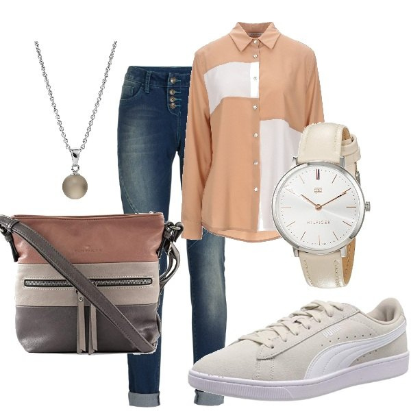 Outfit donna - Basic #35280. Stile Basic per Tutti i giorni. Abbinamento con jeans boyfriend, camicie, sneakers, borse a tracolla, orologi analogici, ciondoli.
