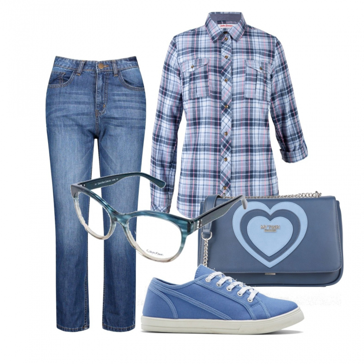 Outfit donna - Pizza e film a casa con le amiche. Stile Basic per Tutti i giorni. Abbinamento con camicie, sneakers, borse a tracolla, jeans boyfriend, occhiali.