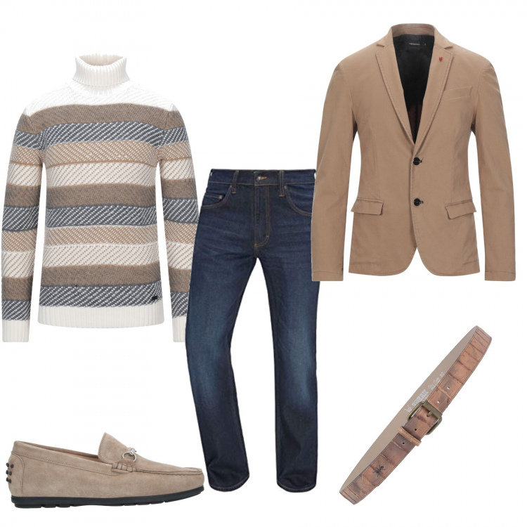 Outfit uomo - Righe per l'autunno. Stile Casual per Tutti i giorni. Abbinamento con pullovers, giacche, scarpe stringate, cinture, jeans dritti.