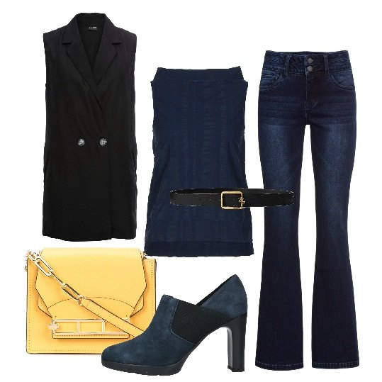Outfit donna - Tocchi di giallo. Stile Basic per Tutti i giorni. Abbinamento con jeans bootcut, gilet, stivaletti, top, cinture, borse a spalla.