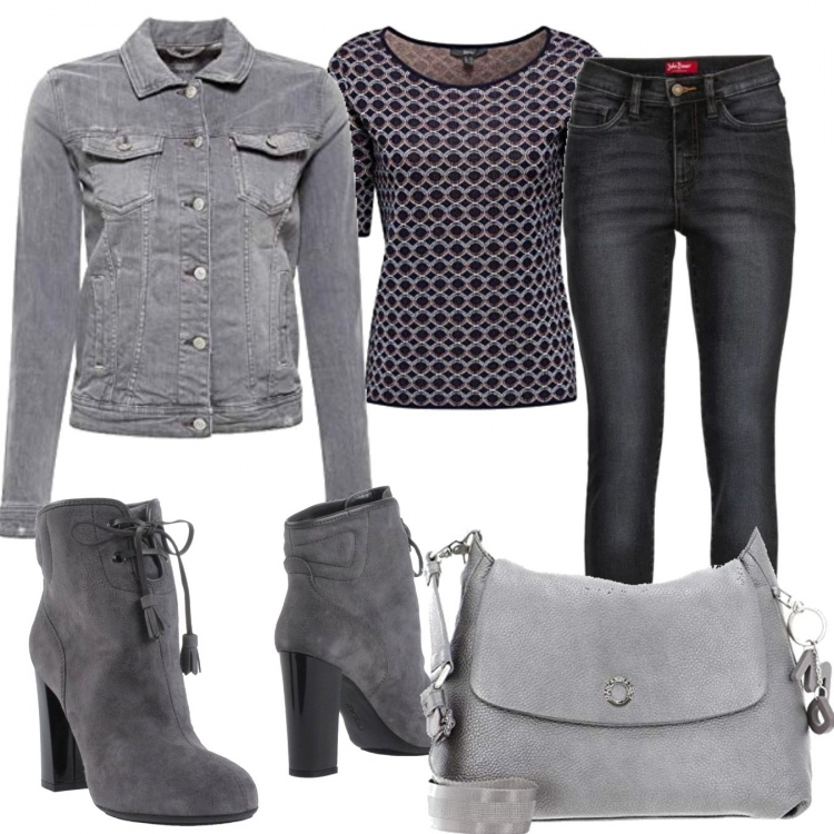 Outfit donna - Trendy #60270. Stile Trendy per Serata fuori. Abbinamento con jeans slim fit, stivaletti, borse a tracolla, pullovers, blazer.