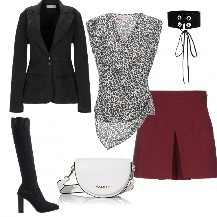 Outfit femme - Soirée spectacle. Style Tendance pour Soirée dehors. Assortir avec pantacourt, bottes, hauts, colliers, blazers, sacs à l'épaule.
