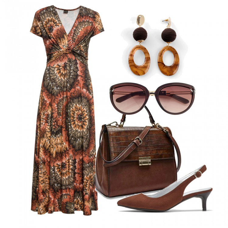 Outfit donna - Total brown. Stile Etnico per Tutti i giorni. Abbinamento con vestiti lunghi, occhiali da sole, décolleté, orecchini, borse a mano.
