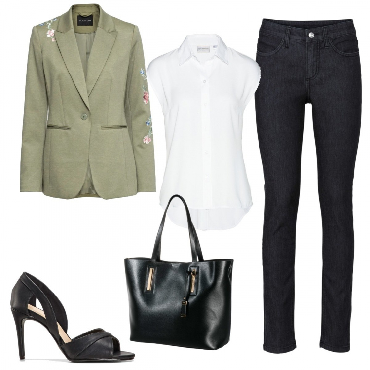 Outfit donna - Riunione di lavoro. Stile Basic per Ufficio. Abbinamento con jeans skinny, décolleté, blazer, camicie, shopping bag.