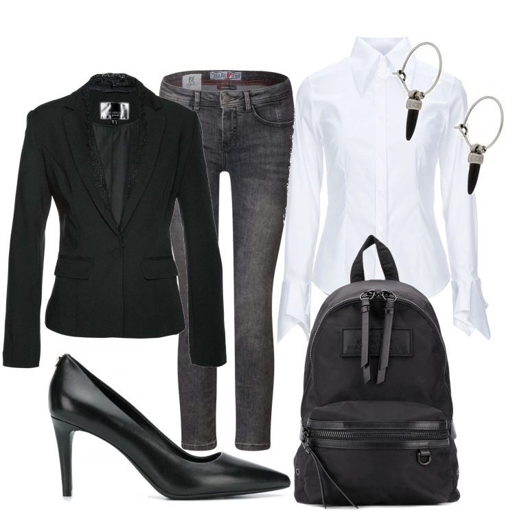 Outfit donna - Pranzo di lavoro. Stile Chic per Ufficio. Abbinamento con blazer, camicie, zaini, orecchini, décolleté, jeans slim fit.