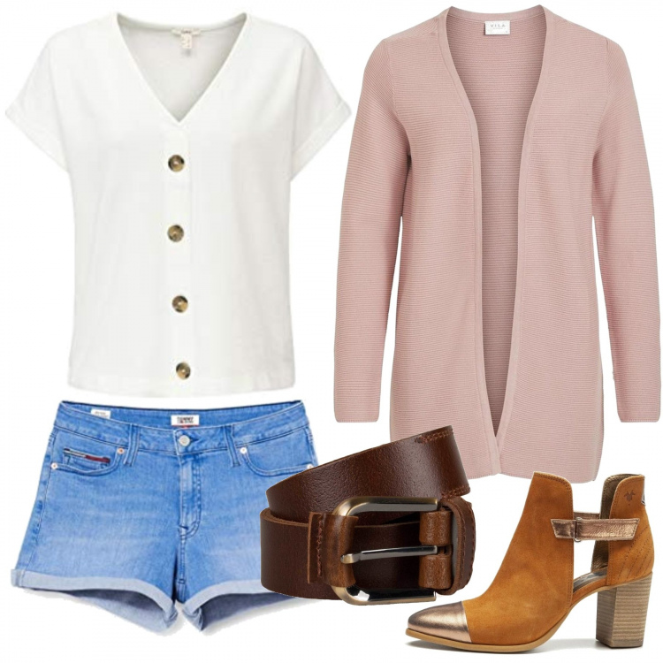 Outfit mujer - Cinturón + cárdigan. Estilo Trendy para Escuela/Universidad. Combinación con camiseta, shorts, cárdigans, botines, cinturones.