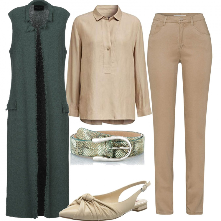 Outfit donna - Cardigan lungo e cintura in vita. Stile Trendy per Ufficio. Abbinamento con cardigans, pantaloni, camicie, ballerine, cinture.