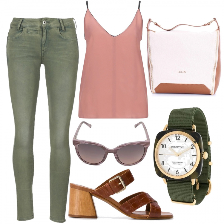 Outfit mujer - Hobo + verde militar. Estilo Trendy para Oficina. Combinación con gafas de sol, bolsos de hombro, pantalones pitillo, reloj, sandalias de tacón, top.