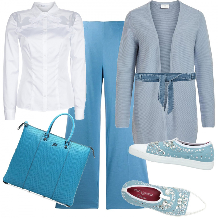Outfit mujer - Cinturon y Cardigan abierto!!. Estilo Urban para Oficina. Combinación con cárdigans, bolso shopper, camisas, sneakers, cinturones, pantalones palazzo.