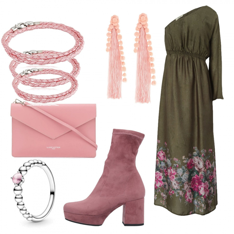 Outfit donna - Prato verde. Stile Trendy per Serata fuori. Abbinamento con vestiti lunghi, stivaletti, orecchini, clutch, anelli, braccialetti.