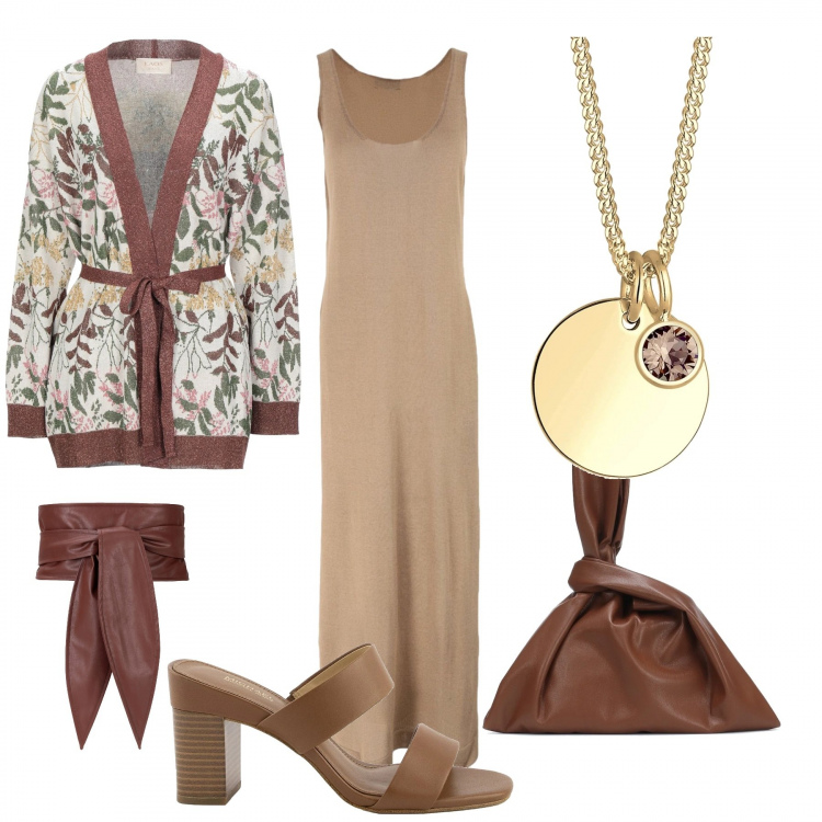 Outfit donna - Beige e marrone. Stile Urban per Ufficio. look ideale per Tall. Abbinamento con vestiti lunghi, cardigans, cinture, borse a mano, sandali col tacco, collane.