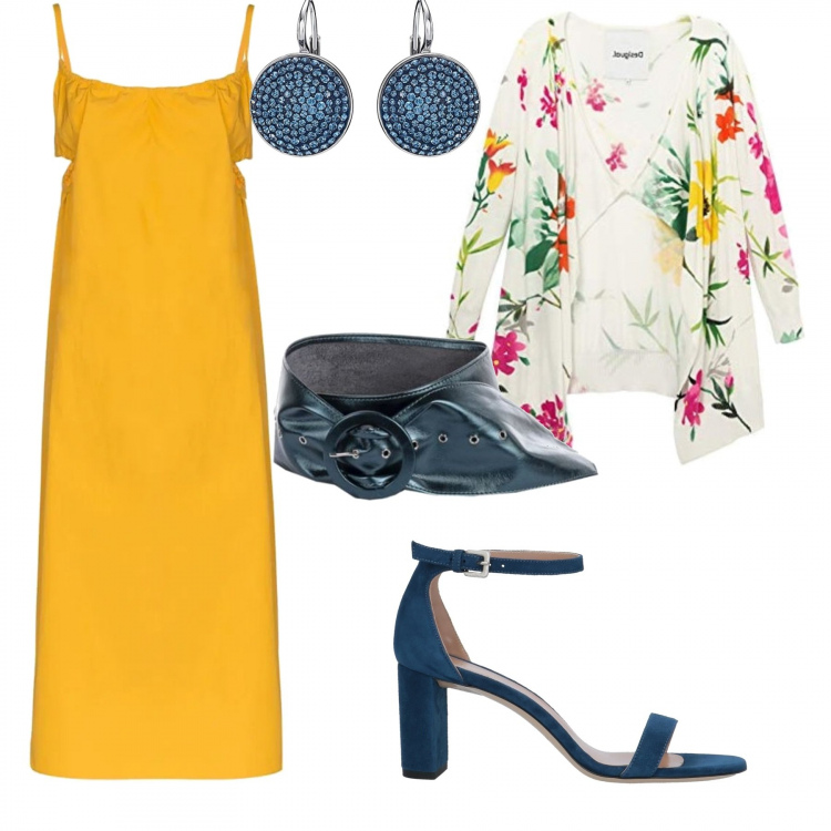 Outfit mujer - Tropical. Combinación con cárdigans, pendientes, cinturones, vestidos midi/longuettes, sandalias de tacón.
