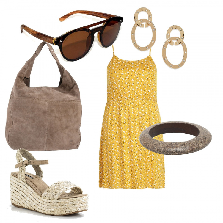 Outfit mujer - Hobo beis. Combinación con sandalias, gafas de sol, vestidos, pendientes, pulseras, bolsos de mano.