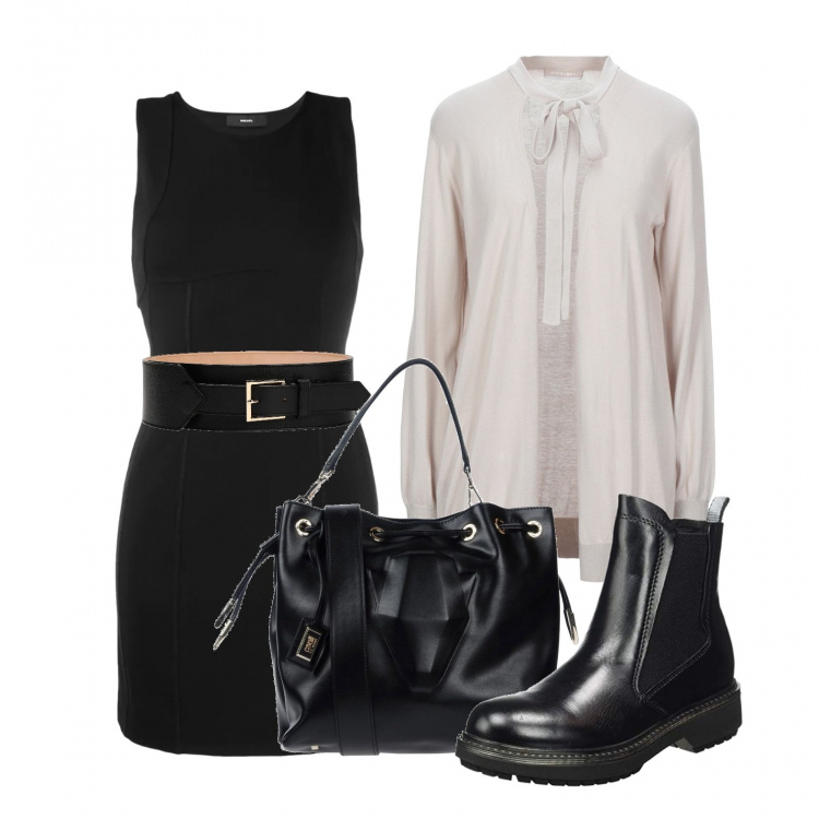 Outfit donna - Cintura alta+cardigan aperto. Stile Bon Ton per Tutti i giorni. Abbinamento con cinture, cardigans, borse a secchiello, vestiti senza maniche, stivaletti chelsea.