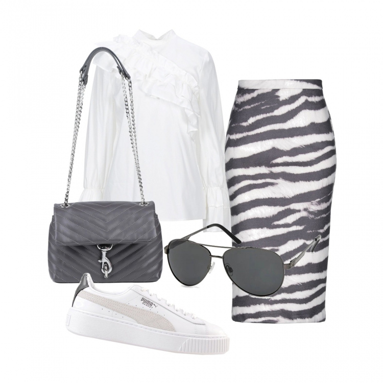 Outfit donna - TREND: Borsa a spalla. Stile Trendy per Tutti i giorni. Abbinamento con gonne longuette, sneakers, borse a spalla, bluse, occhiali da sole.