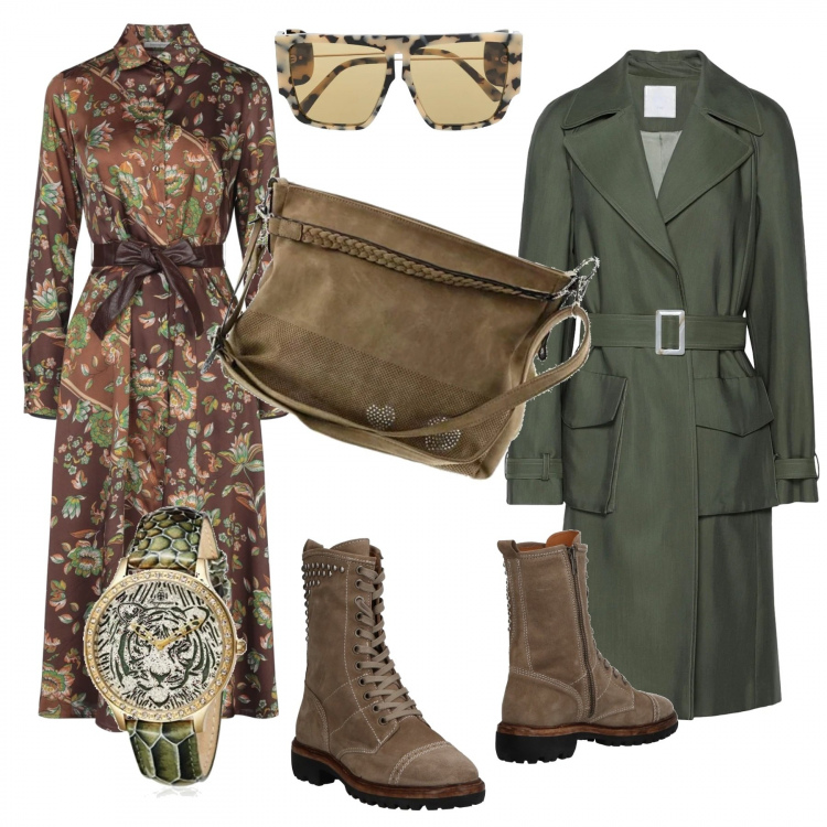 Outfit donna - Vestito lungo, trench e stivaletti. Stile Trendy per Tutti i giorni. Abbinamento con vestiti midi/longuette, anfibi, trench, occhiali da sole, borse a mano, orologi.
