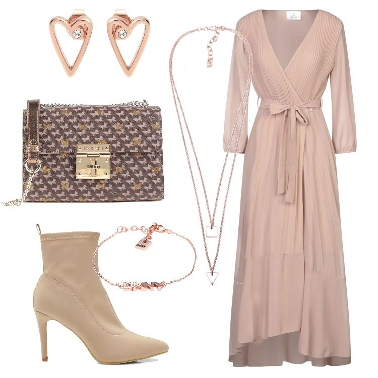 Outfit donna - Vestito lungo plissé e stivaletti. Stile Trendy per Serata fuori. Abbinamento con vestiti lunghi, borse a tracolla, braccialetti, orecchini, stivaletti, collane.
